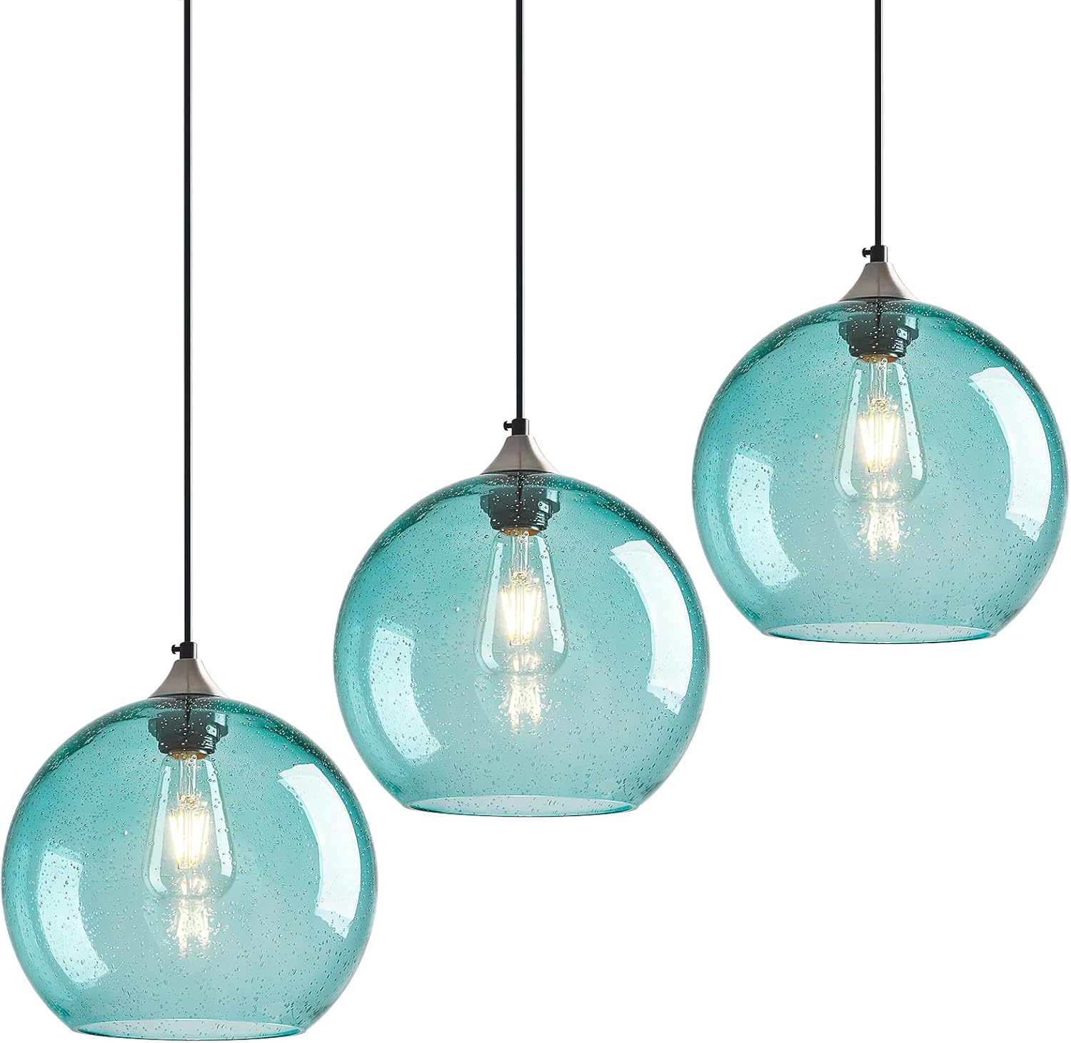 Light Blue Glass Pendant Lights Kitchen Island Globe Pendant Light Fixtures Modern Pendant Lighting for Bedroom Living Dining Room Light Fixture (9.84 in, 3 Pack)
