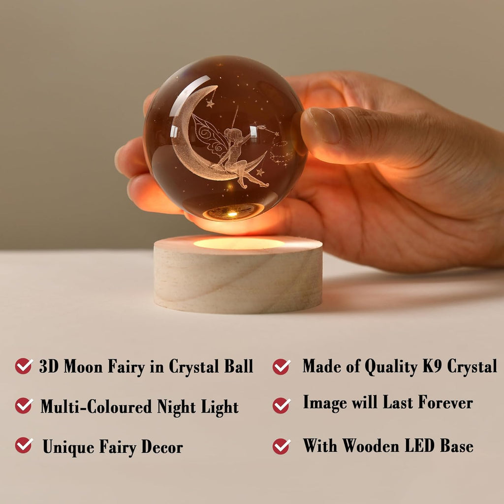 IFOLAINA Moon Fairy Crystal Ball - 3D Laser Engraved Glass Night Light, Decorative Globe, Crystal Moon Sphere - Gifts for Girls, Her, Fairy Lovers