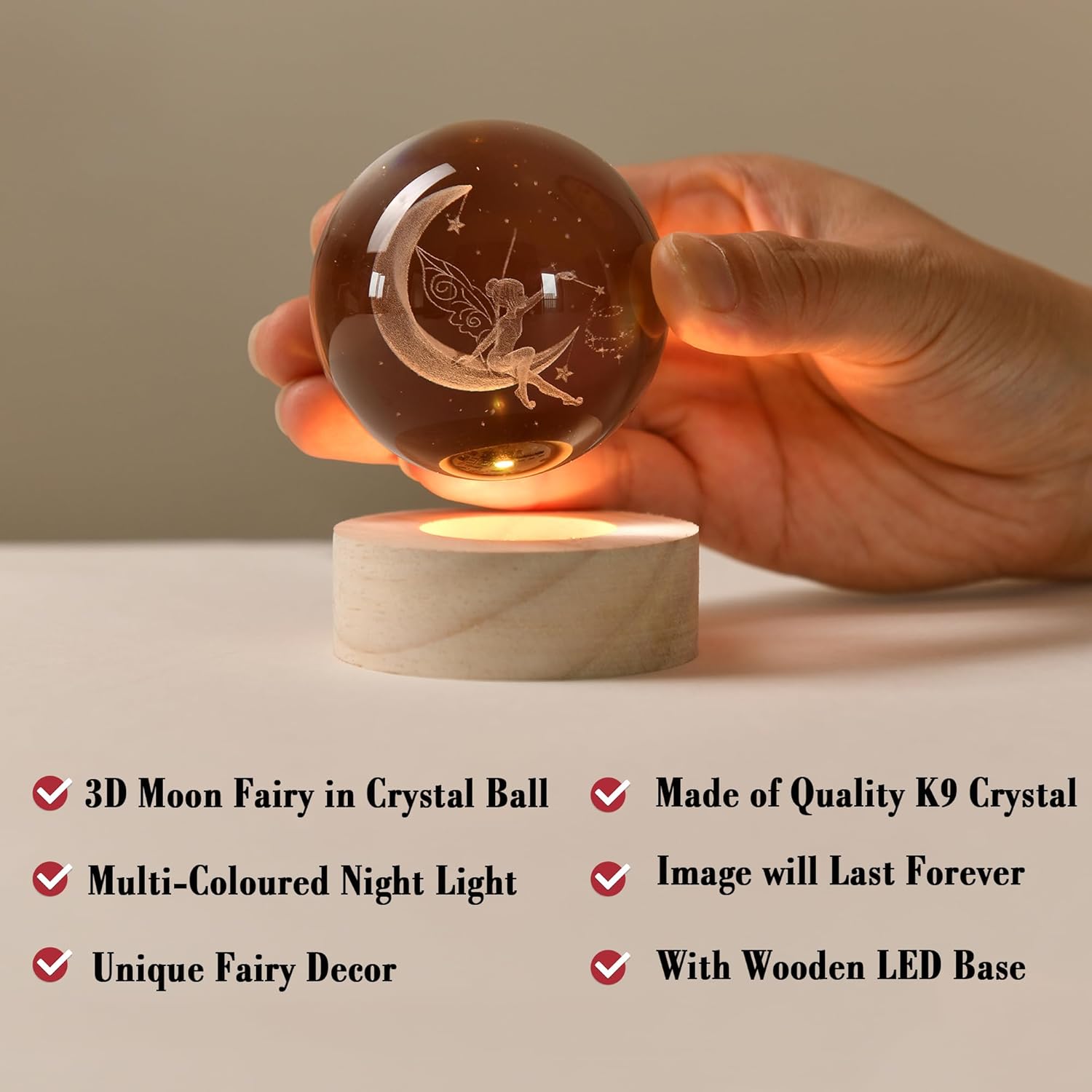IFOLAINA Moon Fairy Crystal Ball - 3D Laser Engraved Glass Night Light, Decorative Globe, Crystal Moon Sphere - Gifts for Girls, Her, Fairy Lovers