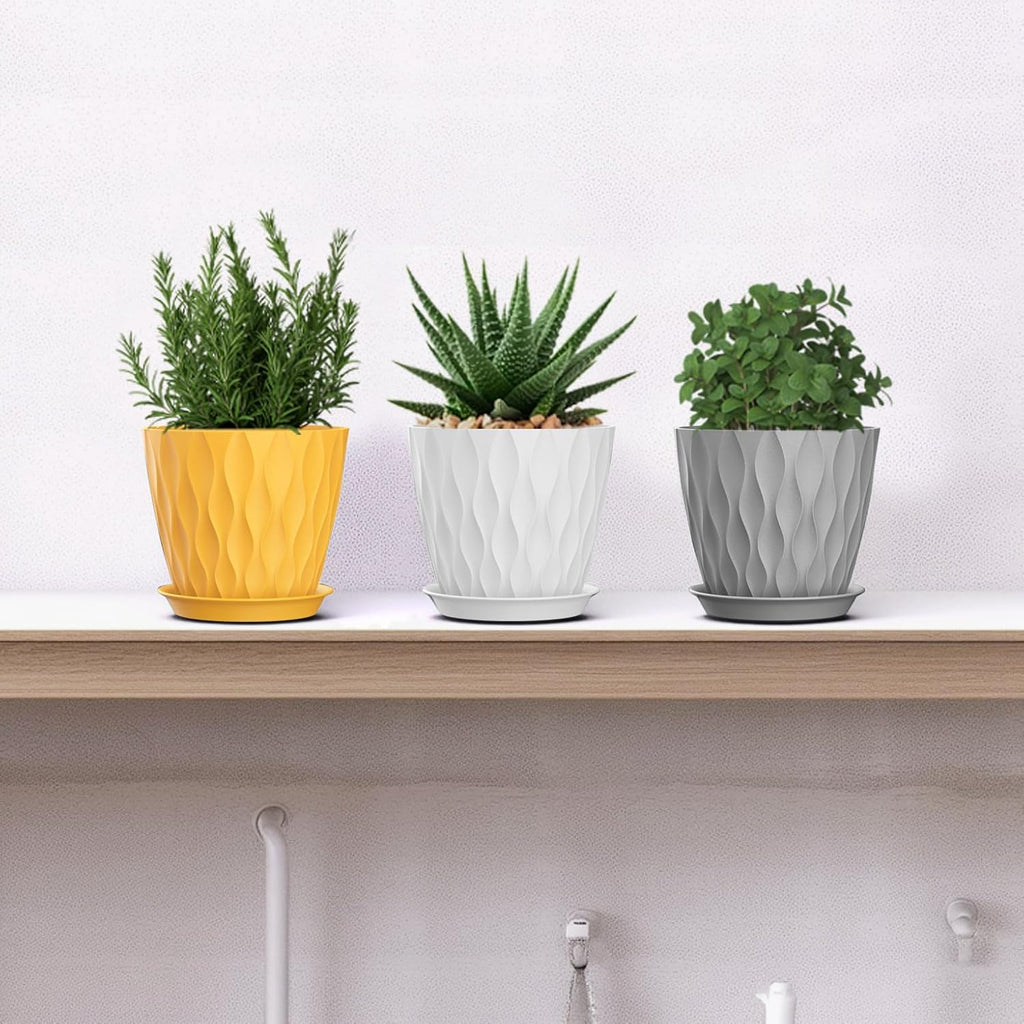 5 Inch Planter Pots, 6 Pack Indoor Planters, Small Flower Pots with Drainage Holes and Tray for Succulents, Orchids, Herbs and Other Indoor Plants (Orange+Grey+White, 5inch)