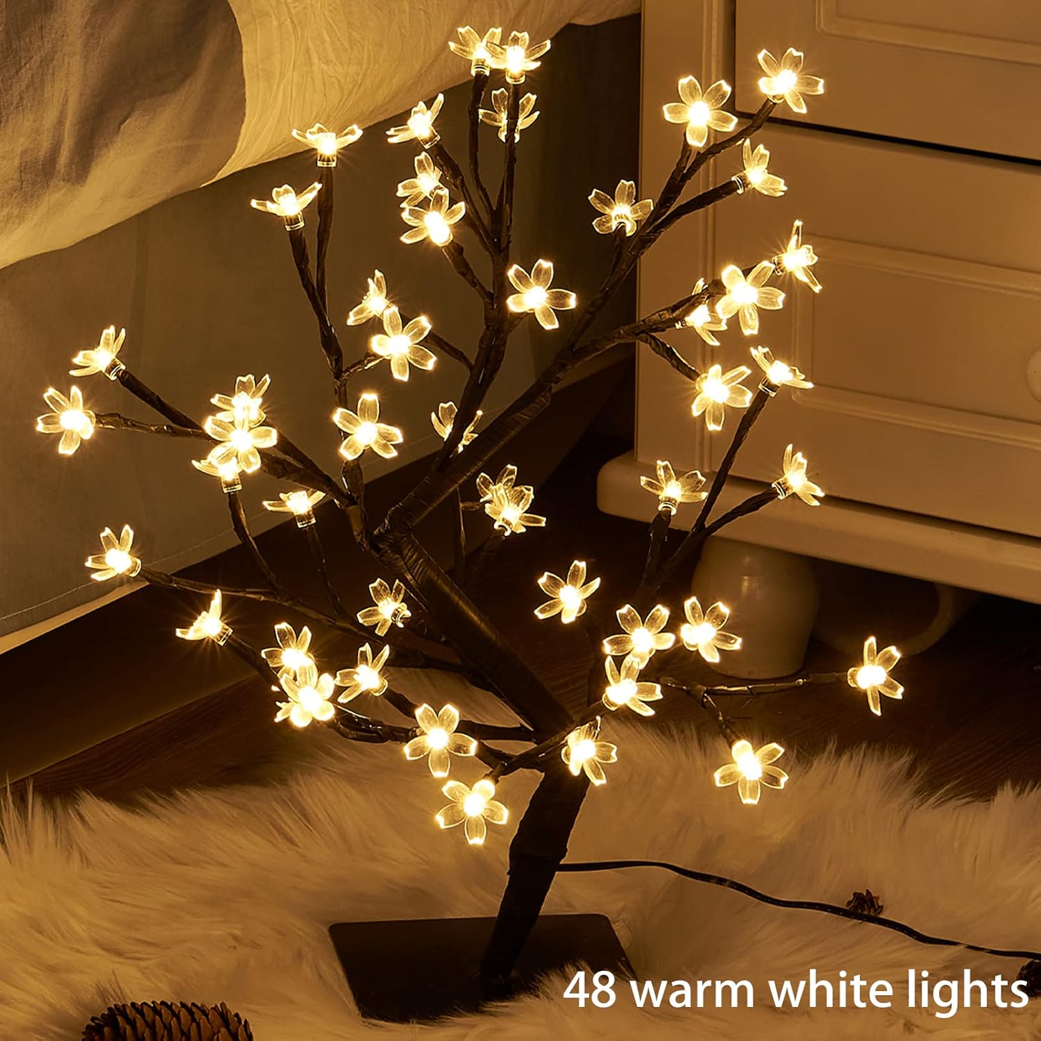 PEIDUO 17.5 Inch Lighted Cherry Blossom Tree, 48 Warm White Lights Plug in Adapter, Light up Bonsai Tree for Christmas Indoor Home Bedroom Living Room, Tabletop Decor Night Light Artificial Tree