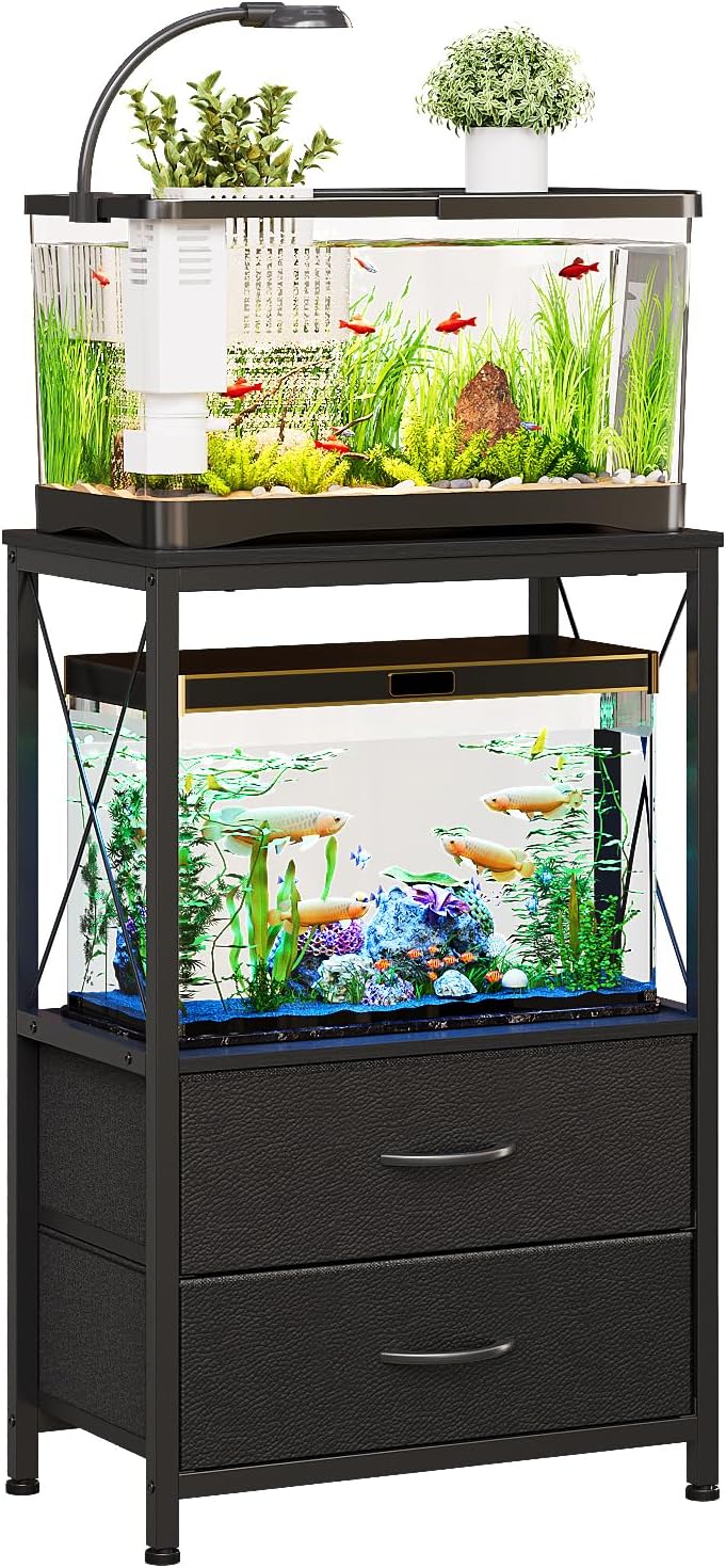 Aquarium Stand 10 Gallon with 2-Tier Shelf, Fish Tanks Stand with 2 Drawers, Metal Frame Heavy Duty Reptile/Turtle Tank Stand for Home Office, Fish Tanks Accessories Storage, Black