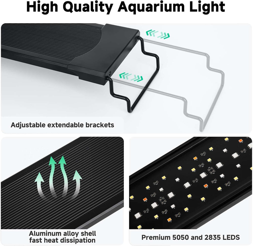 AQQA LED Aquarium Light, 24/7 Mode IP68 Waterproof Extendable Bracket Fish Tank Light, DIY Mode Full Spectrum Aquarium Plant Light, Adjustable Timer/Brightness Memory Function for 32-40 Inch Fish Tank
