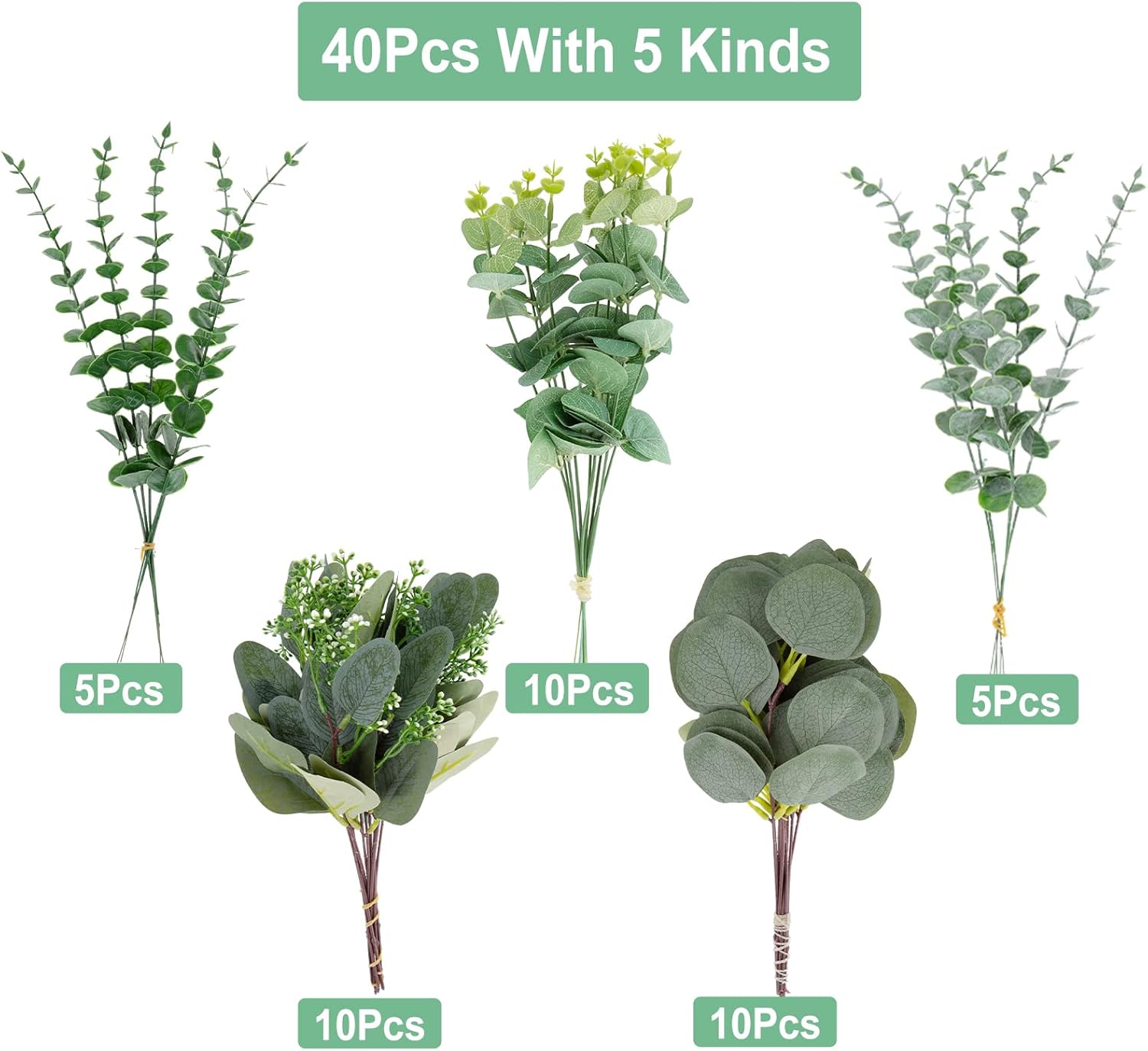 Cliselda 40 Pcs Artificial Eucalyptus Leaves Stems, 5 Kinds Mixed Fake Greenery Stems Bulk, Silver Dollar Eucalyptus Stems Bundle Faux Greenery Branches for Wedding Floral Arrangement Centerpiece