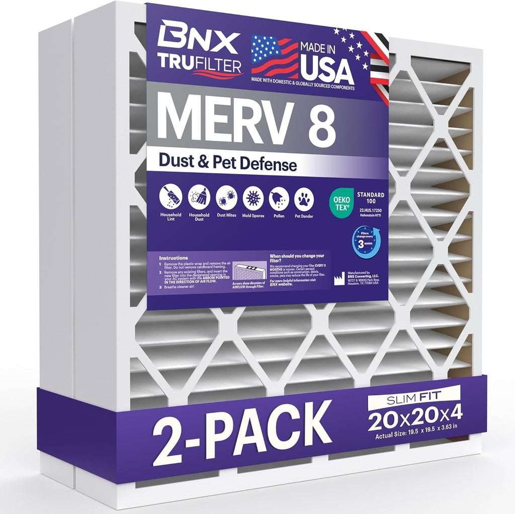 BNX TruFilter 20x20x4 (19.5’’ x 19.5’’ x 3.63‘’ Slim Fit) MERV 8 Air Filter 2-Pack - MADE IN USA - Air Conditioner Furnace Filters HVAC AC Furnace Filters for Dust, Pet, Mold, Pollen MPR 600-700 FPR 5