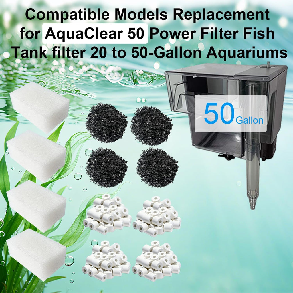 12 Pack Aquarium Filter Media Kit Compatible with Fluval AquaClear 50 Power Filter (20 to 50 Gallon), Includes 4 Ceramic Rings, 4 Carbon & 4 Foam Filter