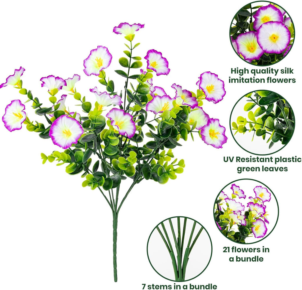 Artificial Faux Flowers for Outdoor 16 Bundles Boxwood Fake Morning Glory for Planter,UV Resistant Fake Flowers for Home Porch Patio Outside（Purple/White）