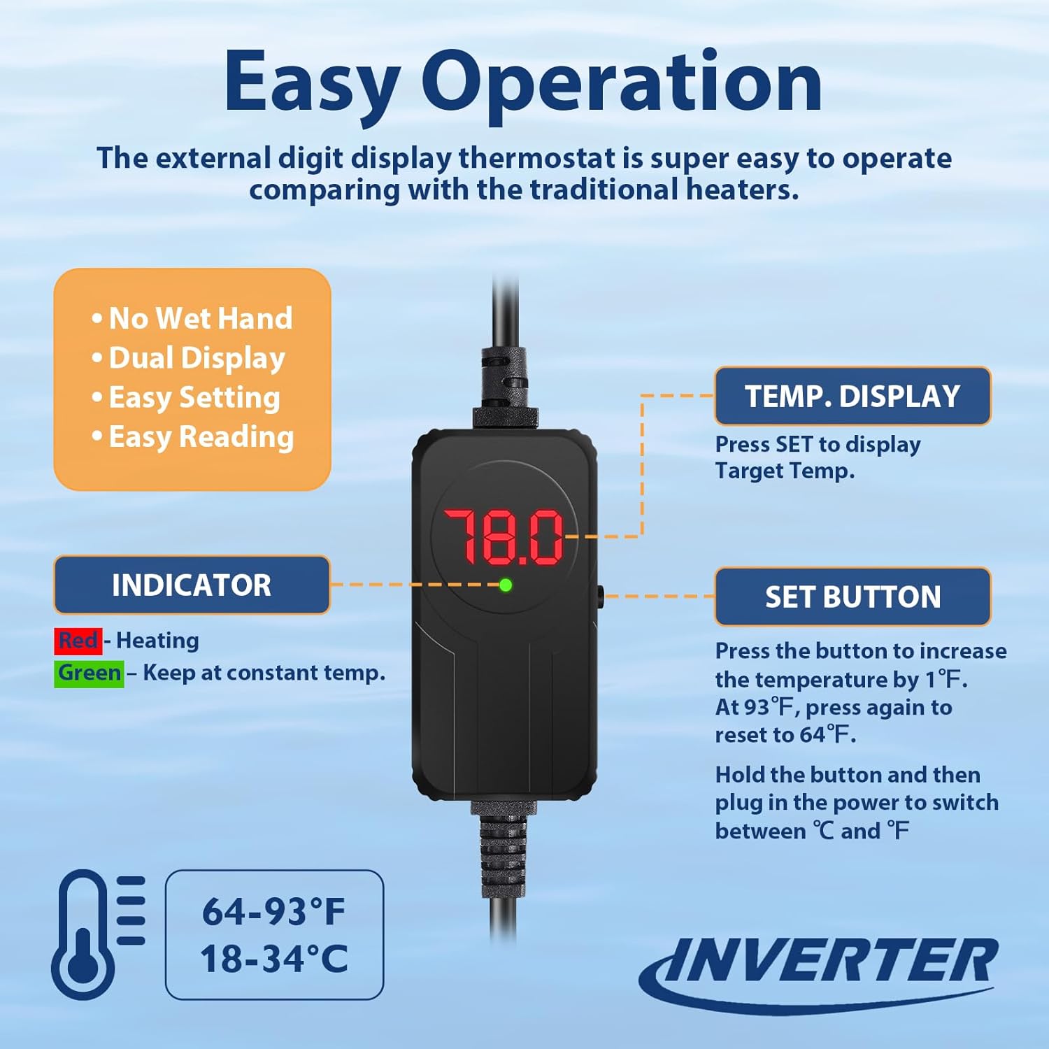AquaMiracle 200W Submersible Aquarium Heater with LED Digital Display Thermostat, Fish Tank Heater Turtle Heater with Protective Housing, for Tanks 20-40 Gallons