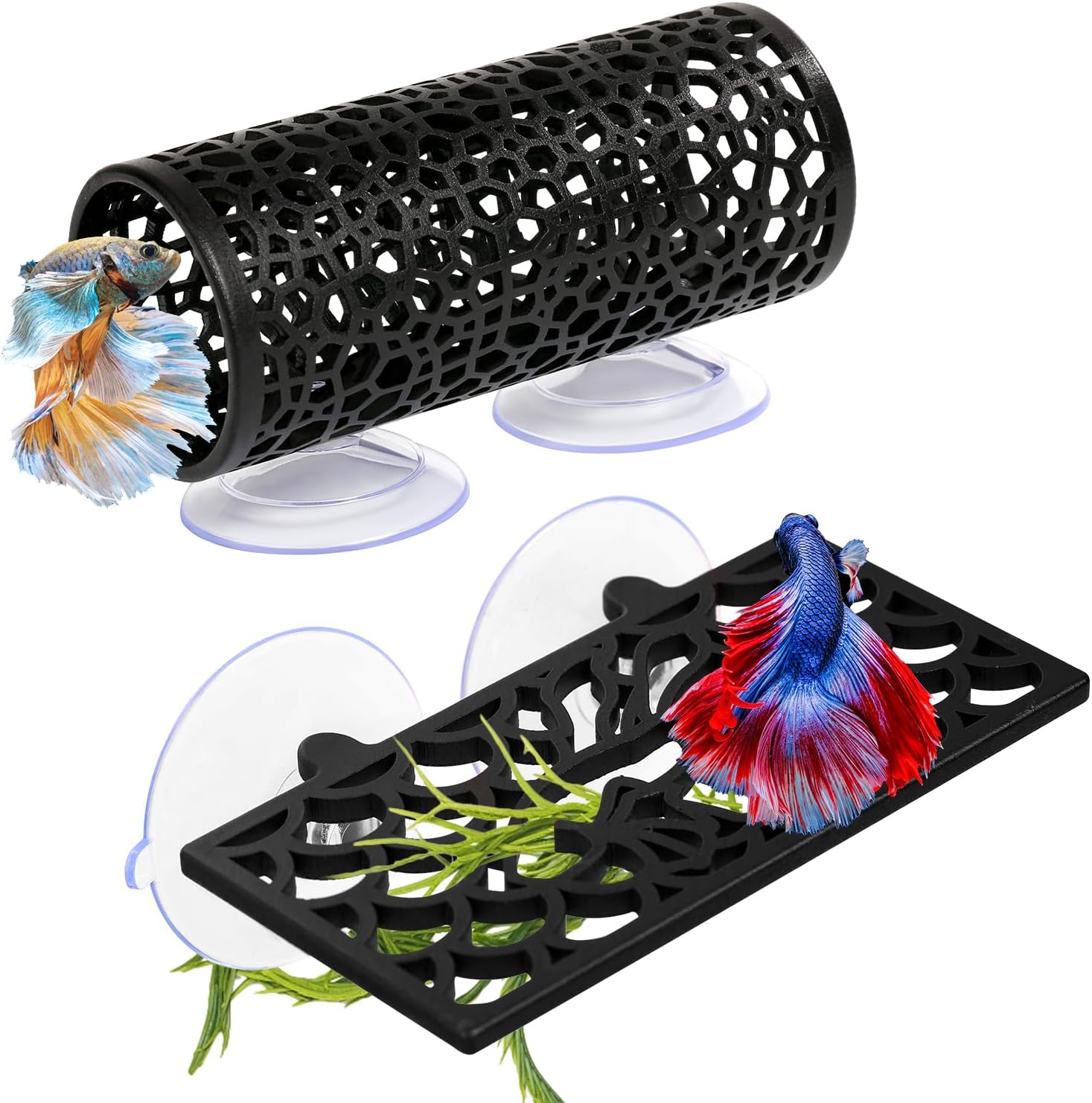 Abizoo Betta Fish Tank Accessories Decorations,Betta Tunnel Swim Tube Black Soft Edged Betta Hammock Bed, Shrimp Guppies Hideout Betta Shelter Toys, Aquarium Moss Ledge - Perfect for Betta Tanks