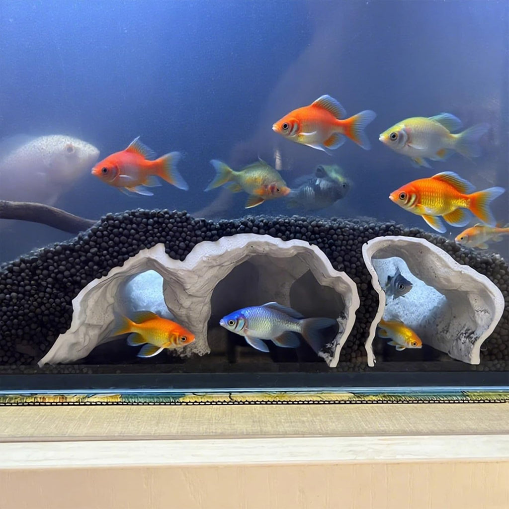 Aquarium Cave Decor, 3D Printed Natural Tunnel Pleco Cave, Fish Hideout Decor for Cichlid, Clown Loach & Kuhli Loach (L-Gray)