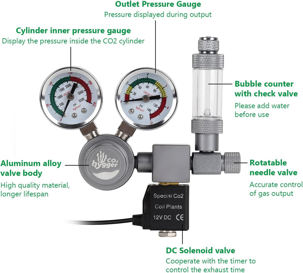 Aquarium Co2 Regulator, Dual Gauge Accurate Display, with 12V DC Solenoid Valve, Bubble Counter and Check Valve,for Establishing CO2 System in Aquatic Plant Tank