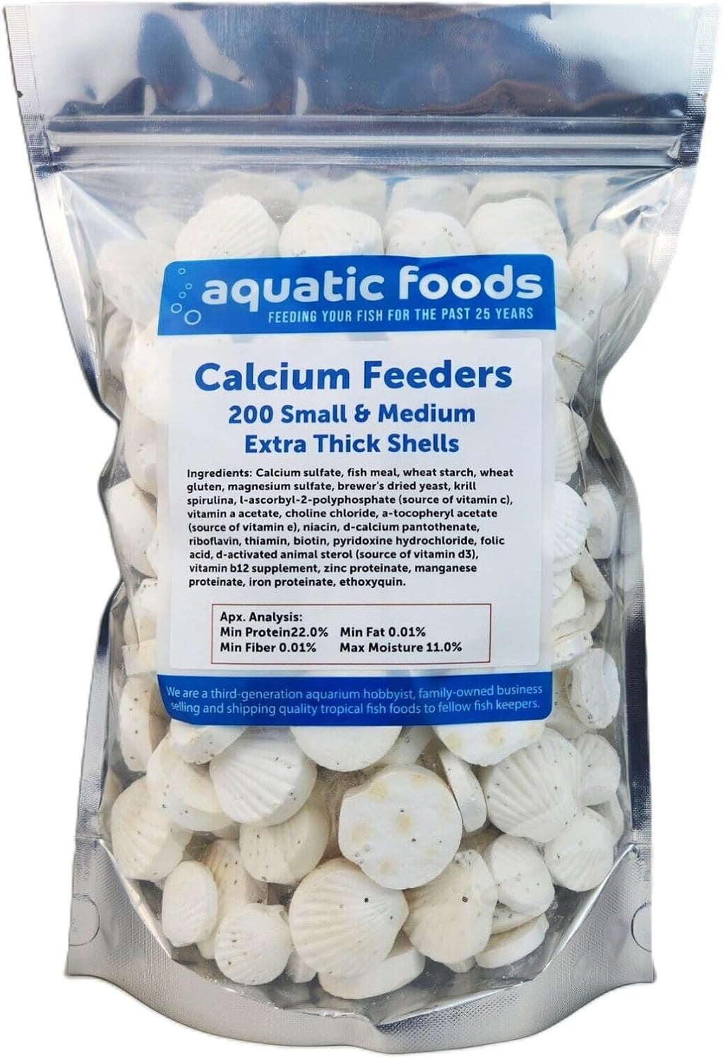 Aquatic Foods Inc. Calcium Feeder Small & Medium Shells. Extra Thick Shells for Shrimp, Snails, Crabs, Crayfish, Hermit Crabs and All Tropical Fish…200 Count Bag