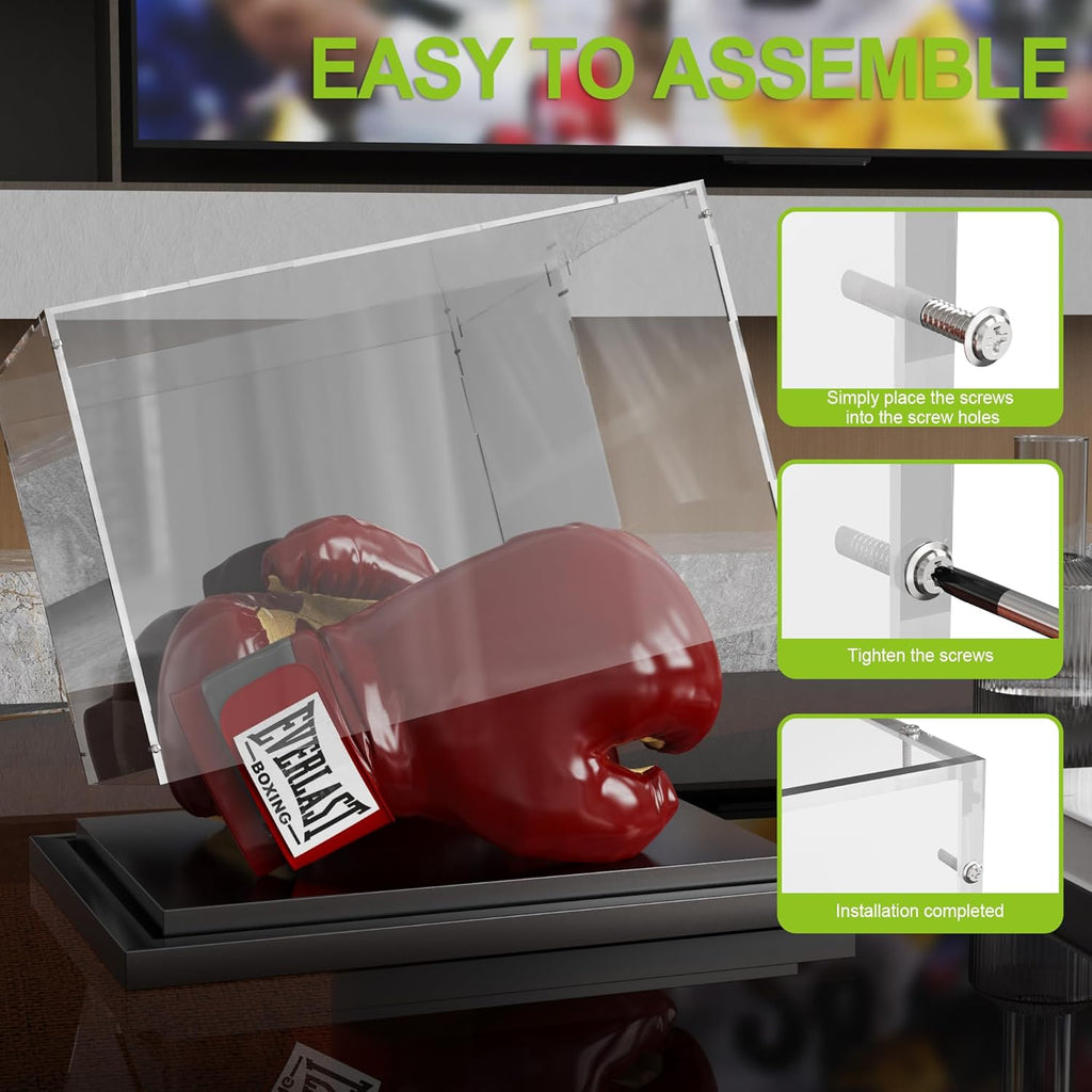 Putros Boxing Glove Display Case with Mirror and Black Metal Grooved Base Clear Acrylic Display Case Full Size Holder Showcase for Baseball Mitt