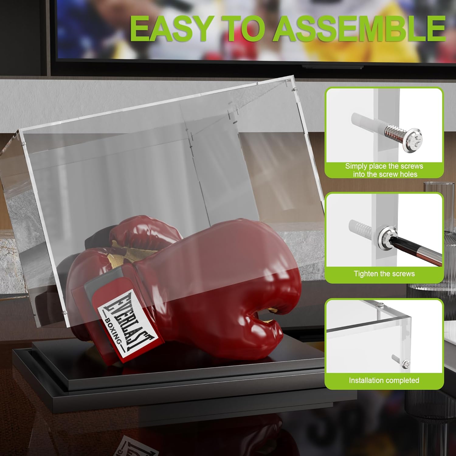 Putros Boxing Glove Display Case with Mirror and Black Metal Grooved Base Clear Acrylic Display Case Full Size Holder Showcase for Baseball Mitt