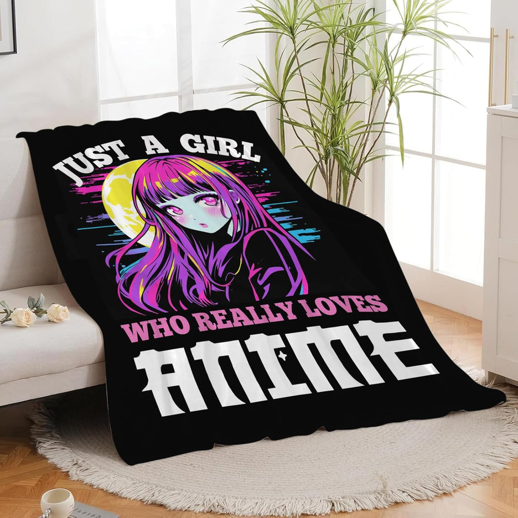 Just A Girl Who Loves Anime Throw Blanket Anime Print Throw Blankets Gifts for Couch Sofa Bed Stuff Decor Soft Cozy Fleece Plush Warm Flannel Bedding for Lover 60"x80"