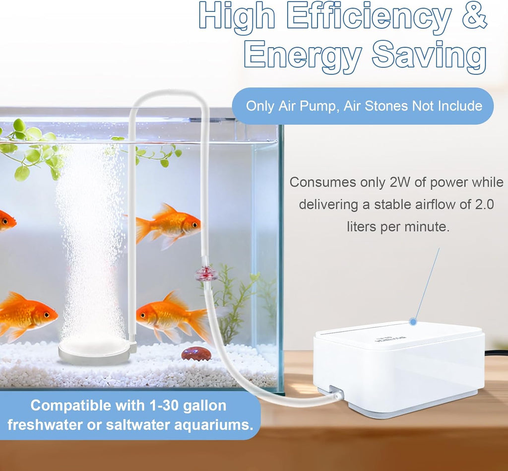 Boxtech Ultra Quiet Aquarium Air Pump, 2W Energy Saving, Low Noise Oxygen Pump for 1-30 Gallon Freshwater and Saltwater Tanks (Only Air Pump)