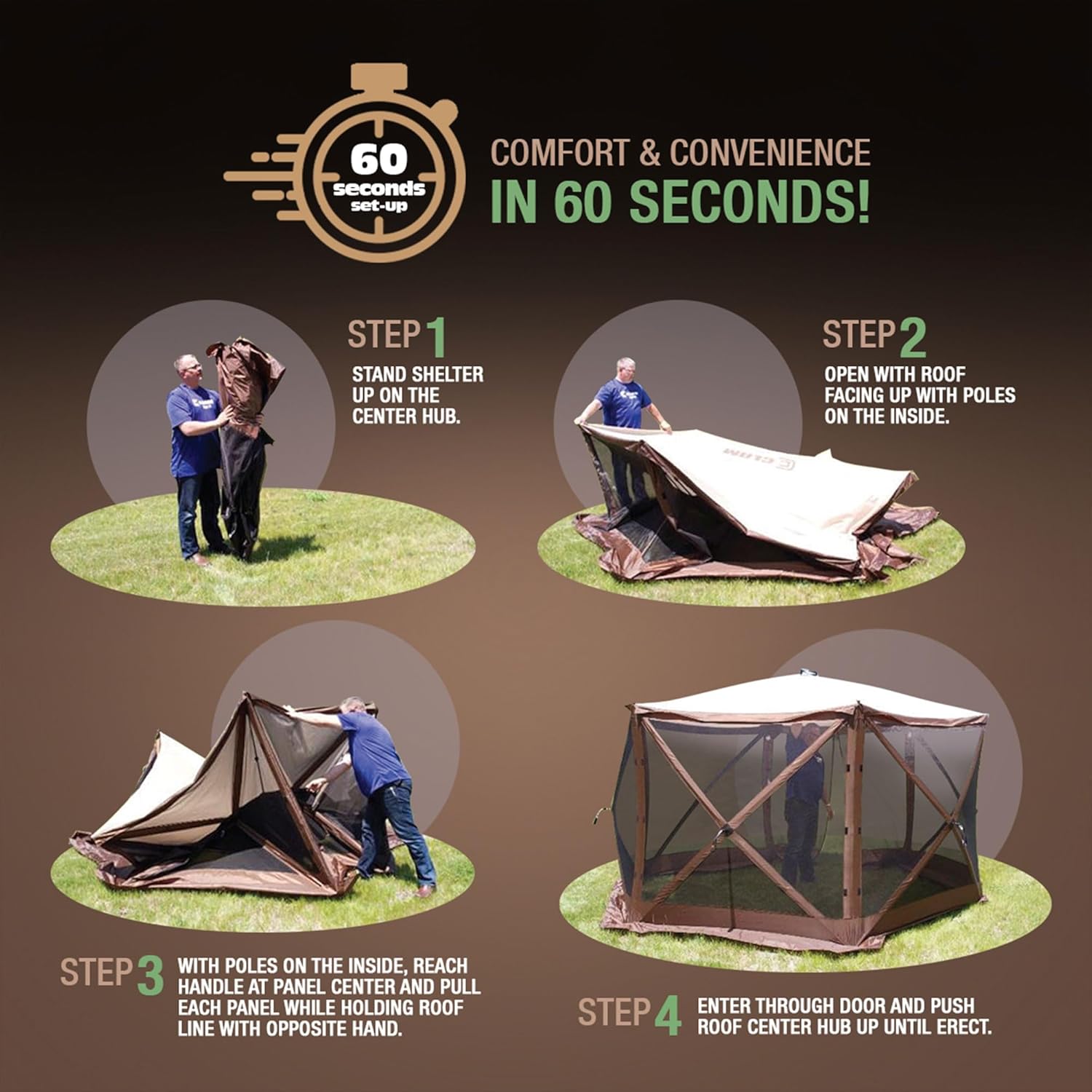 CLAM Pop Up Screen Tent, Large Outdoor Camping Gazebo Canopy, Pavilion, 12.5', Brown - Foldable and Portable Screened Shelter with Netting for Beach, Patio, and Backyard
