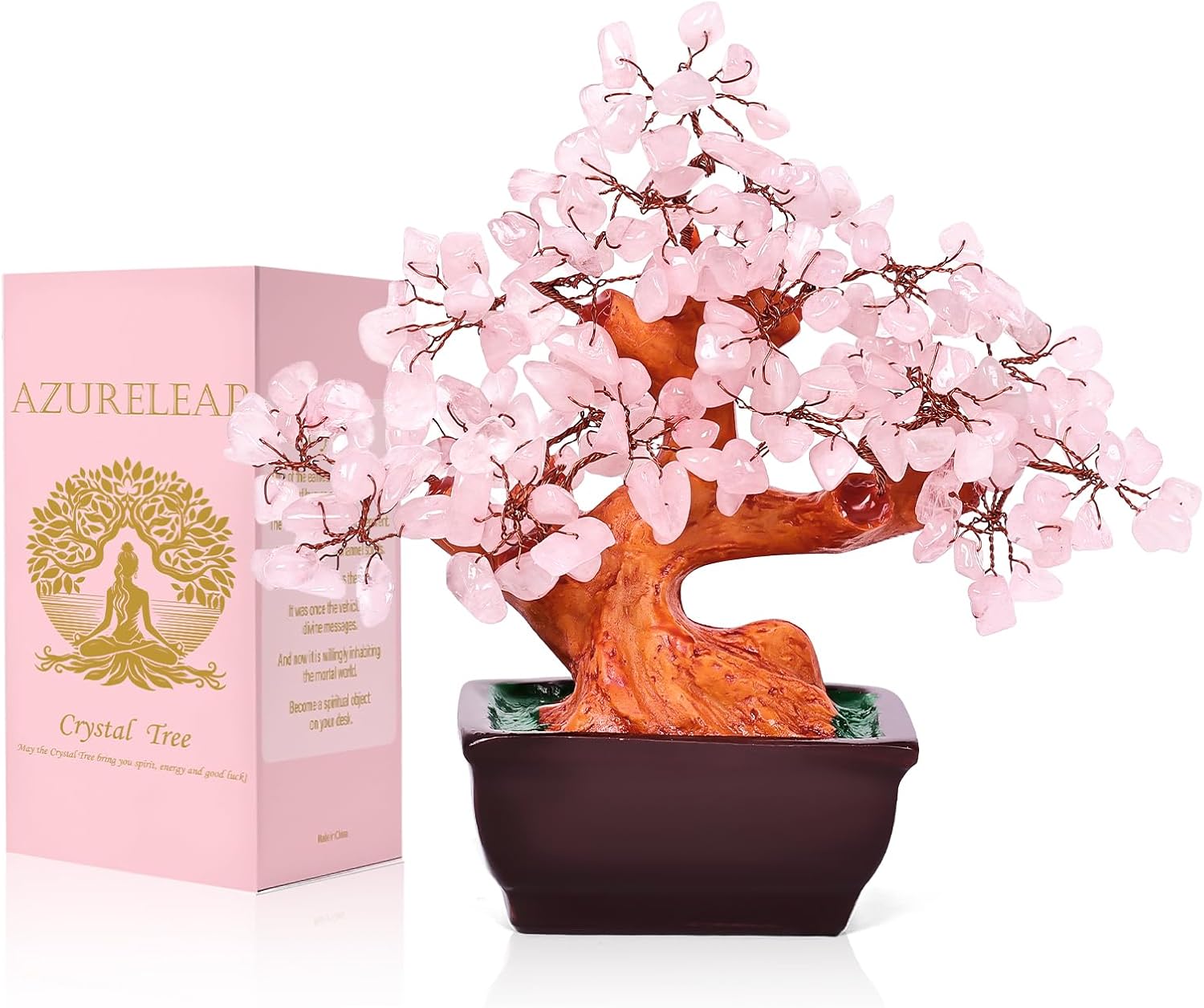 Feng Shui Natural Rose Pink Quartz Crystal Money Tree Bonsai Style Decoration for Wealth and Luck (Pink)