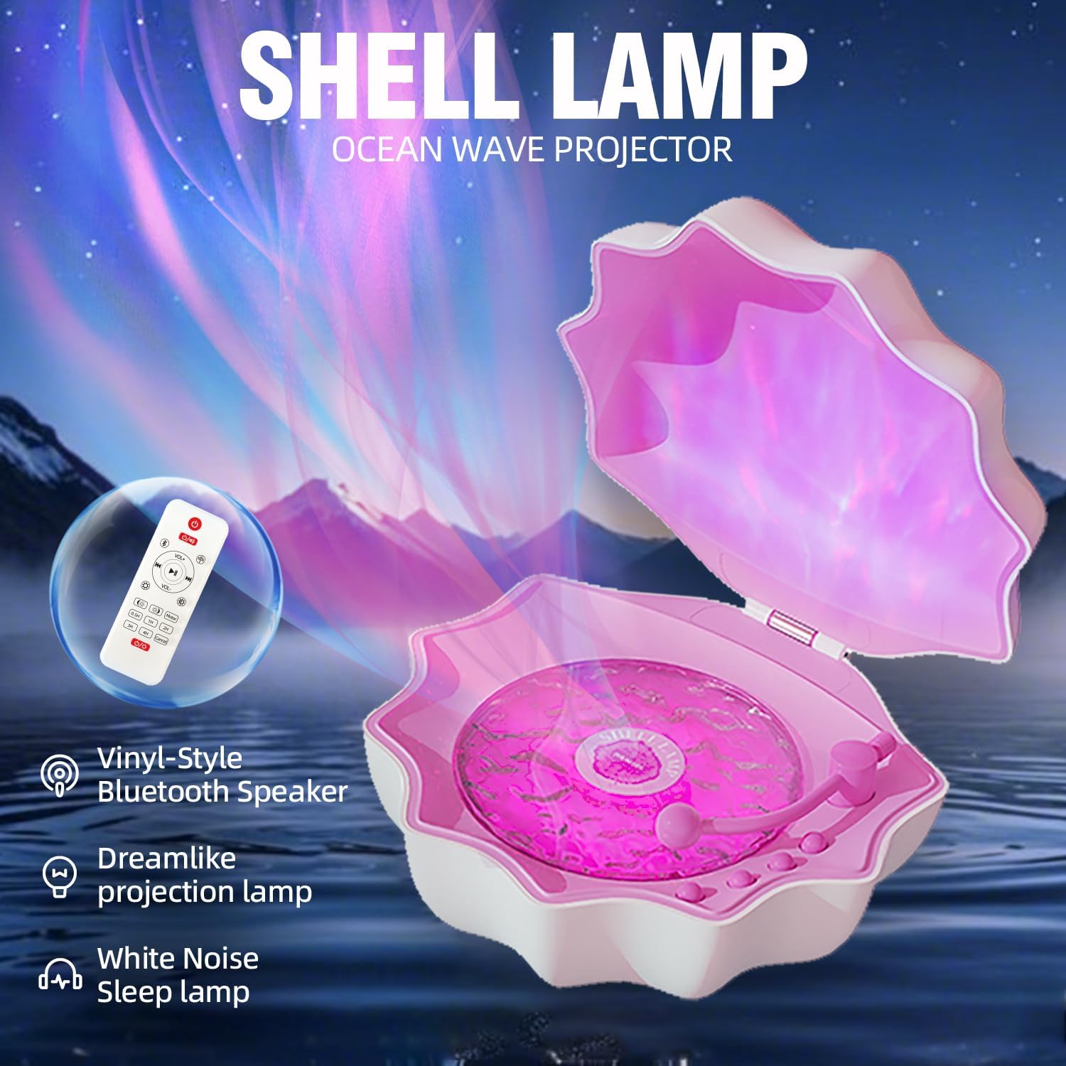 Ocean Wave Projector Light, Shell Night Light Built-in Bluetooth Speaker, Remote Control, White Noises for Home Decor/Relaxation/Party/Music/Gift (Pink)