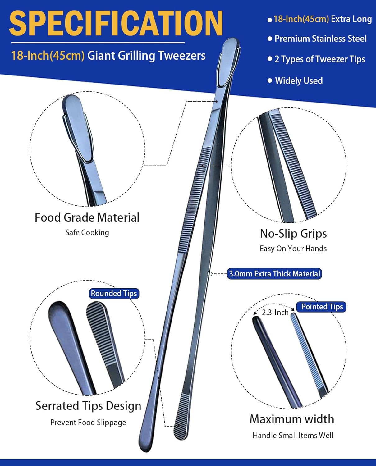 JETKONG 2 Pcs 18 Inch (45cm) Stainless Steel Grill Tongs Heavy Duty Giant Tweezer Tongs, Extra Large Tweezers Tools for Cooking, Grilling, BBQ and Turning Food (Navy Blue)