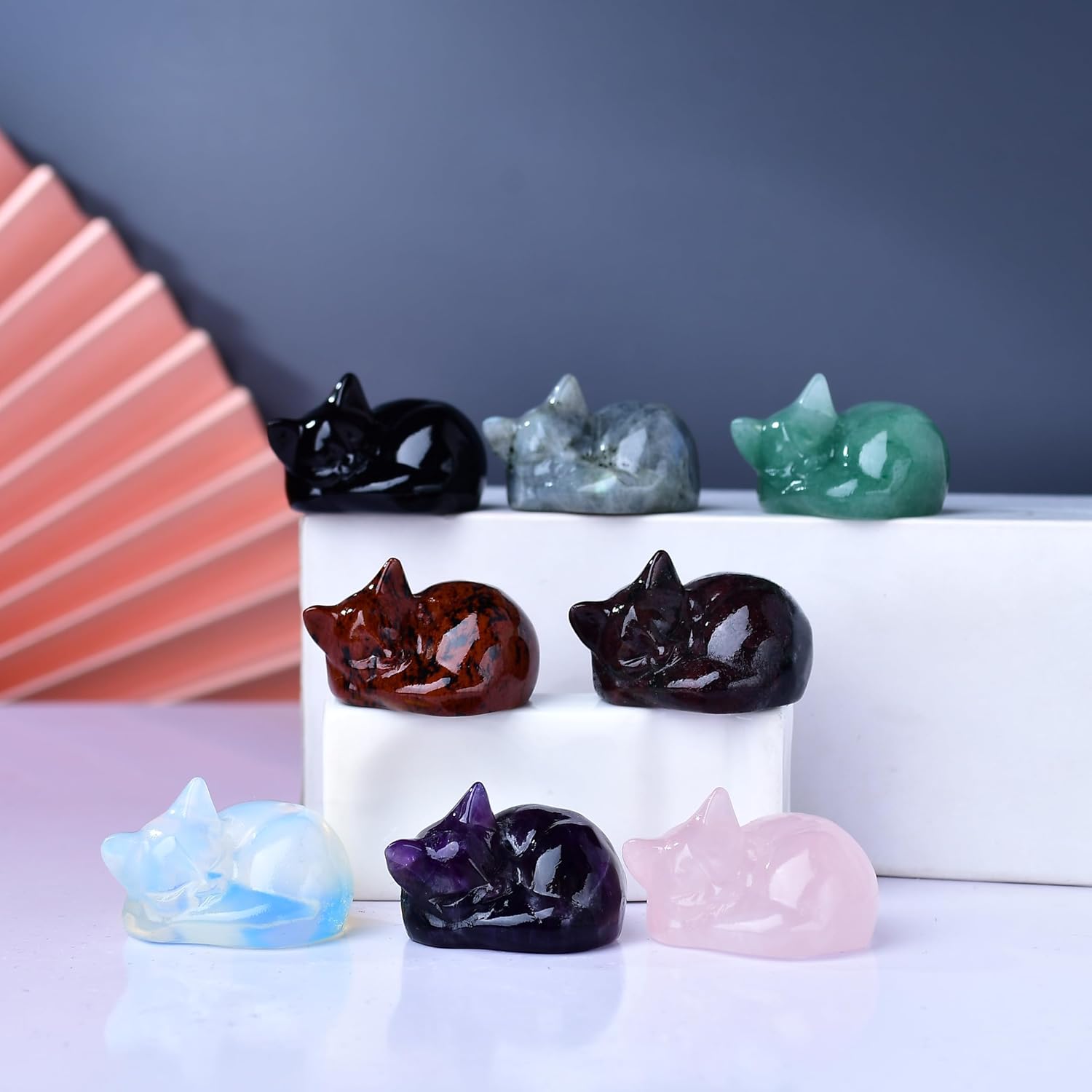 Natural Garnet Cat Crystals Decor Sleeping Cat Statue Healing Crystal Polished Gemstones Bedroom Office Desk Home Decoration A Lucky Decoration