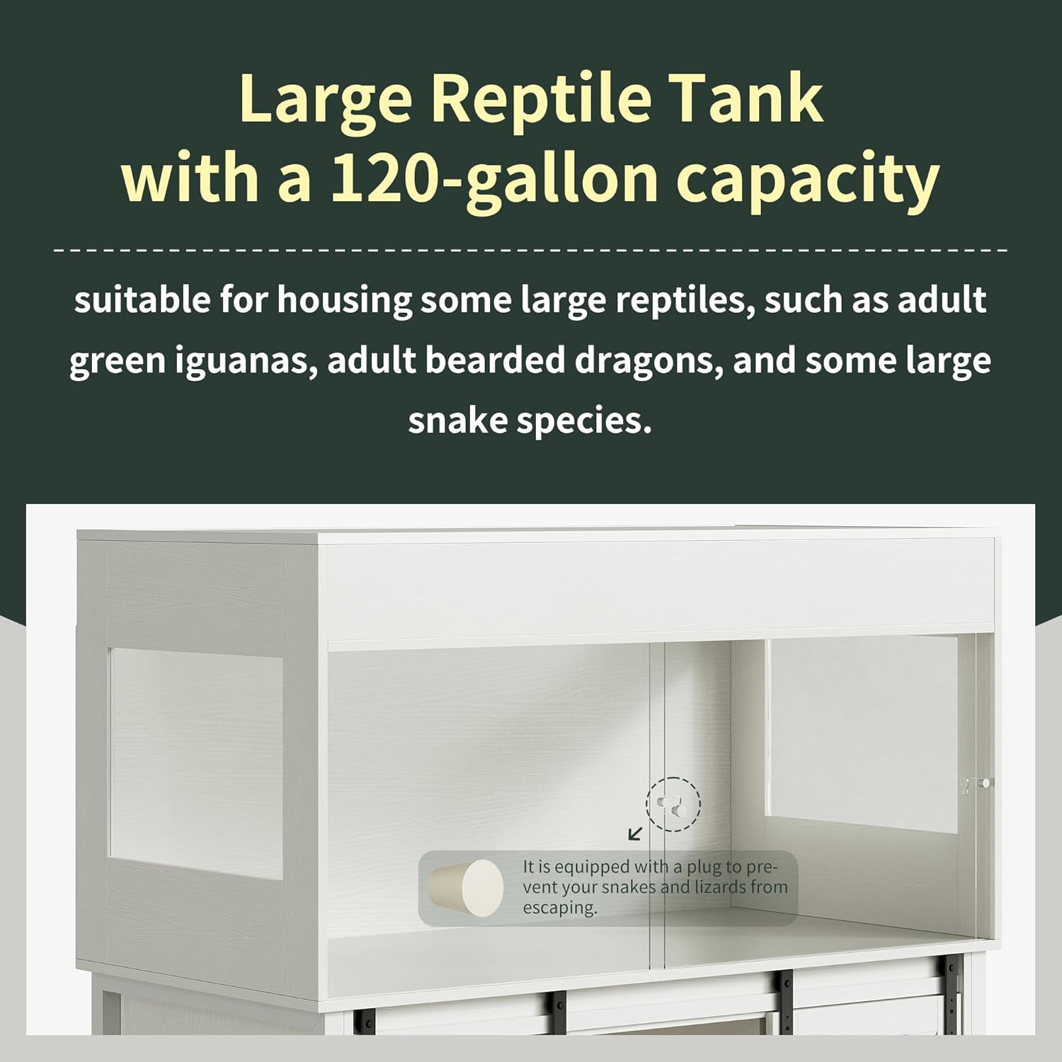 120 Gallon Reptile Terrarium with Stand, 4x2x2 Bearded Dragon Enclosure for Snakes Lizards, Large Vivarium Tank with Storage Cabinet, Acrylic Doors, Mesh Lid, Power Outlet White PX04RTWW