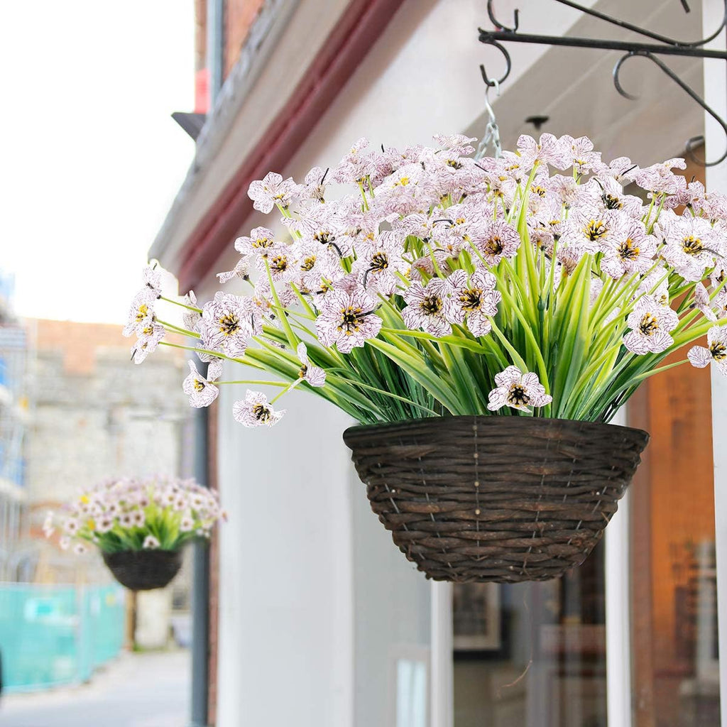 12 Bundles Artificial Flowers Outdoor UV Resistant Fake Flowers No Fade Plastic Plants Garden Porch Window Box Decorating (White)