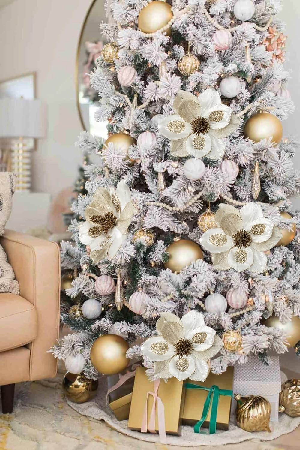 Briful 10’’ Large Heads Christmas Glitter Magnolia Flowers Christmas Tree Ornaments Set of 3 Artificial Flowers with Picks Stems for Xmas Tree Holiday Decorations, White Gold