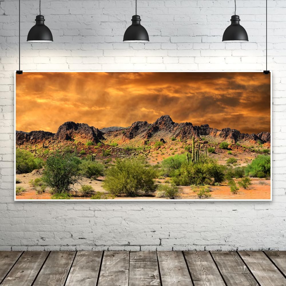 Laeacco 16x7ft Dusk Desolate Desert Backdrop Weathered Mountains Scenic Backdrop Natural Landscape Sunset Glow Cactuses Wedding Photo Studio Stage Perfomance Wallpaper Portrait Shoot Booth Props