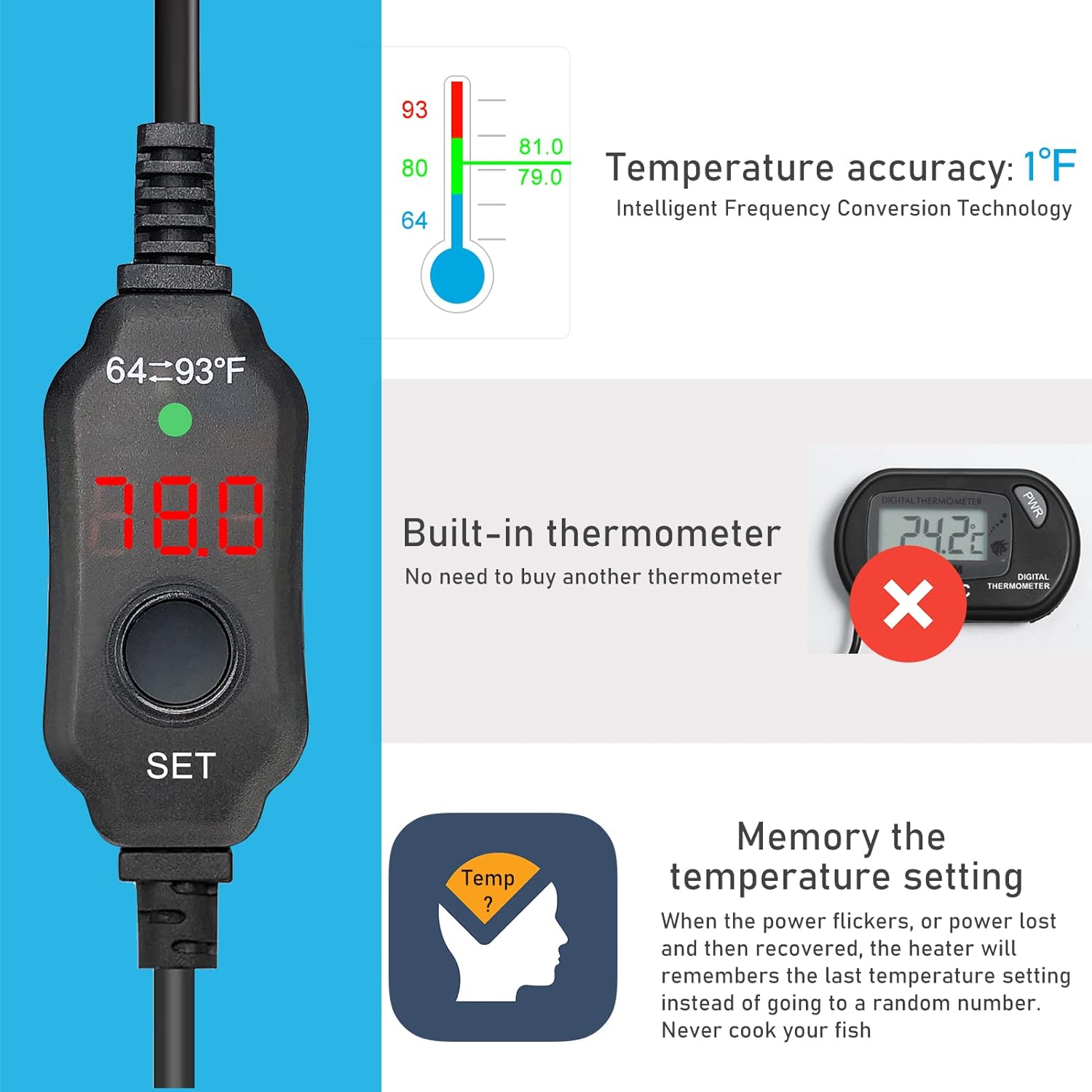 YukiHalu Super Mini Aquarium Heater, 10W 20W 30W Adjustable Fish Tank Heater with External Controller, Overheating Protection, LED Display, Used for 0.5-5 Gallons(10 watts)