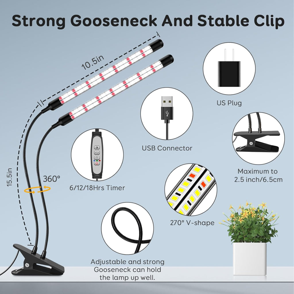 V-Shape Grow Lights for Indoor Plants Full Spectrum, 2 Heads LED Plant Lamps with Clips and 5 Dimmable Level and 6/12/18H Timer for Plant Growing(Pack 2)