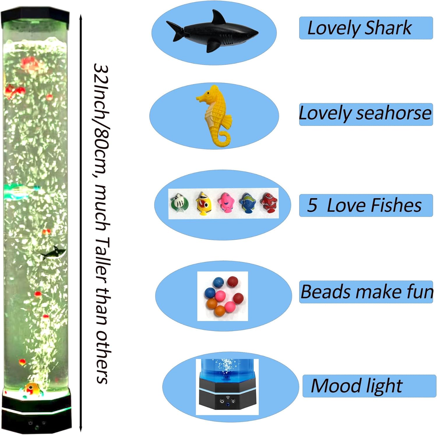 32'‘Extra Large Octagonal Bubble Aquarium Light,5’'Wide Sensory Tube with 5 Fish and Sharks,Stable 14cm Base,16 Color Variable Night Lights,Remote Control USB Powered,For Home and Office Decoration