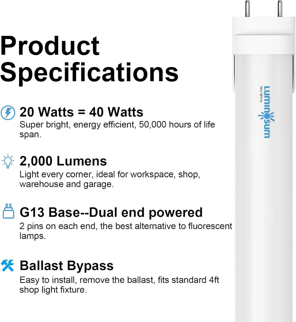 T8 LED Tube Light Bulbs 4 Foot 20W 40W Equivalent, 4000K Natural White 2000LM, T8 T10 T12 Fluorescent Replacement, Dual-end Powered Ballast Bypass, Frosted Cover ETL Listed for Shop 10-Pack
