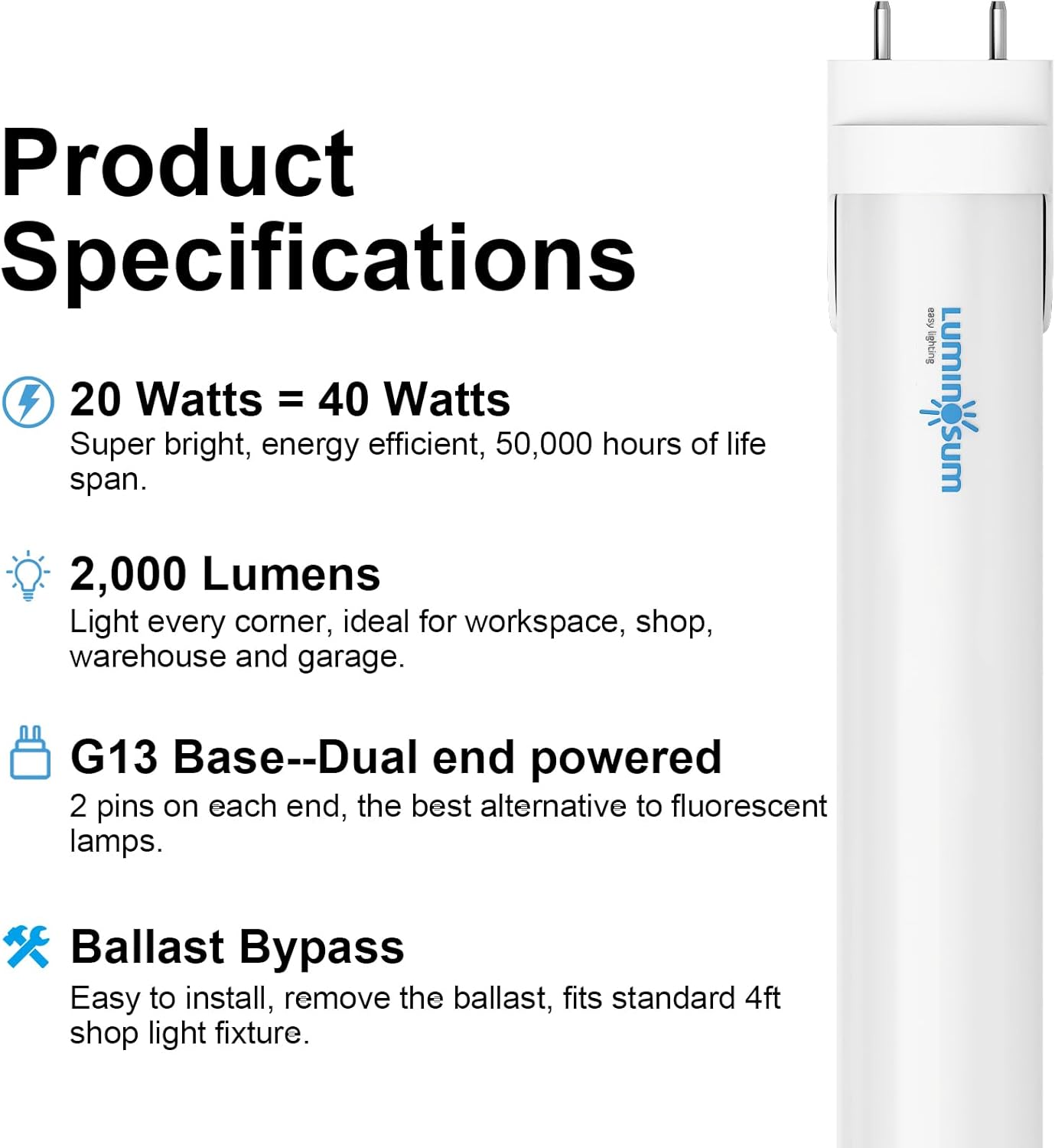 T8 LED Tube Light Bulbs 4 Foot 20W 40W Equivalent, 6000K Cool White 2000LM, T8 T10 T12 Fluorescent Replacement, Dual-end Powered Ballast Bypass, Frosted Cover ETL Listed for Garage 16-Pack