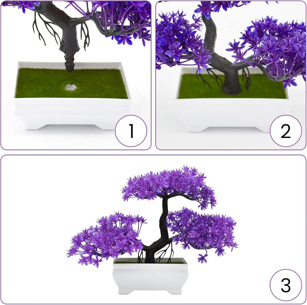 Mini Artificial Bonsai Tree Plants with Plastic Cement Pots for Home Office Décor(Purple)