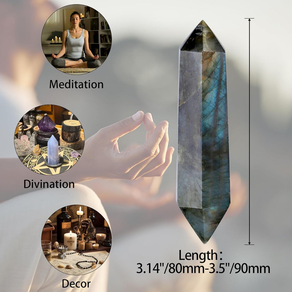 YATOJUZI 3.5" Labradorite Healing Crystals Wand Natural Crystals and Healing Stones Large Hexagonal Labradorite Crystal Points for Meditation Divination Reiki Energy Balancing 1PCS