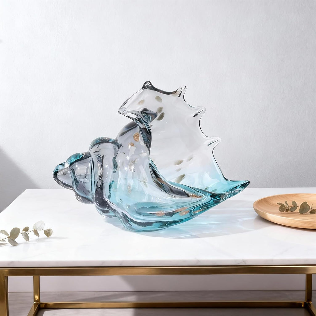 Hand Blown Glass Conch Statue, Gray Glass Art Figurine, Conch Shell Coastal Home Decor, Living Room TV Stand and Bookcase Decor, Bathroom Shelf top and Cabinet Decor.
