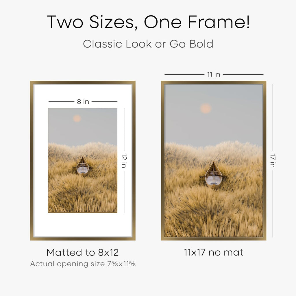 Homeforia 11x17 Bronze Picture Frame, High End Metal 11x17 Brass Poster Frames with Mat 8x12 for Photo, 11 x 17 Frame Matted to 8 by 12 inch Print, 17x11 Thin Frame, Tempered Glass, Wall Kit, Set of 2