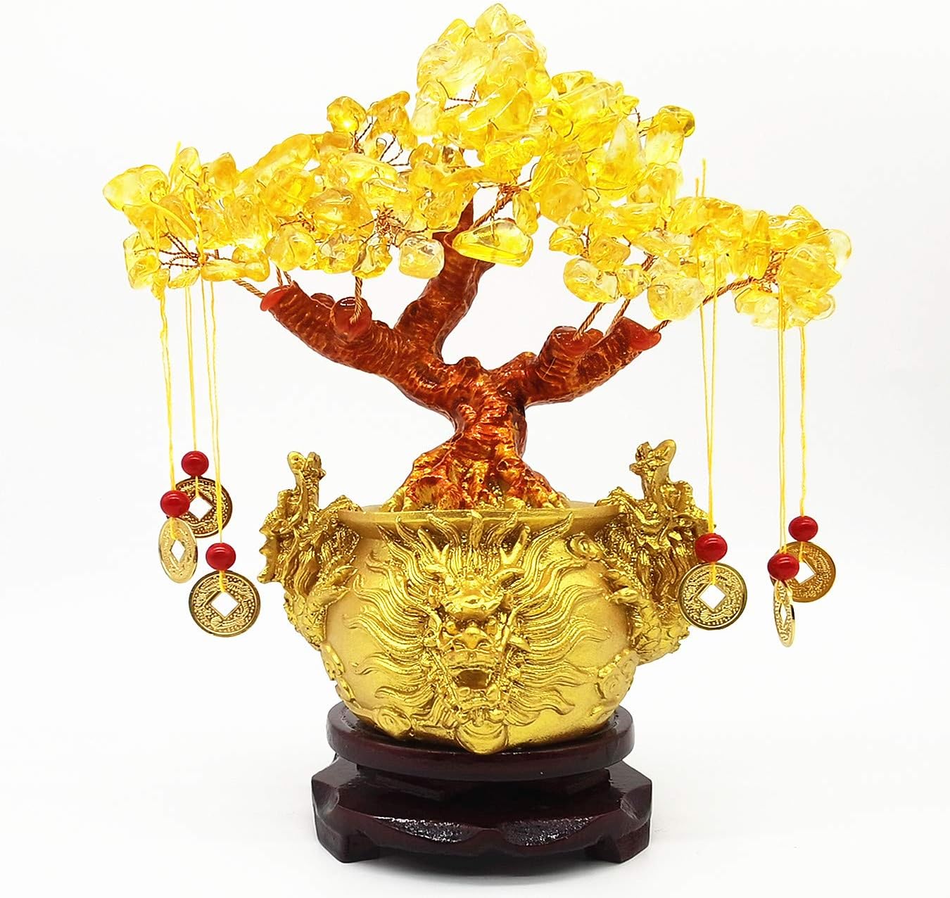 Feng Shui Yellow Quartz Crystal Tree, Bonsai Style Money Trees Decoration for Luck and Wealth (Dragon pots)