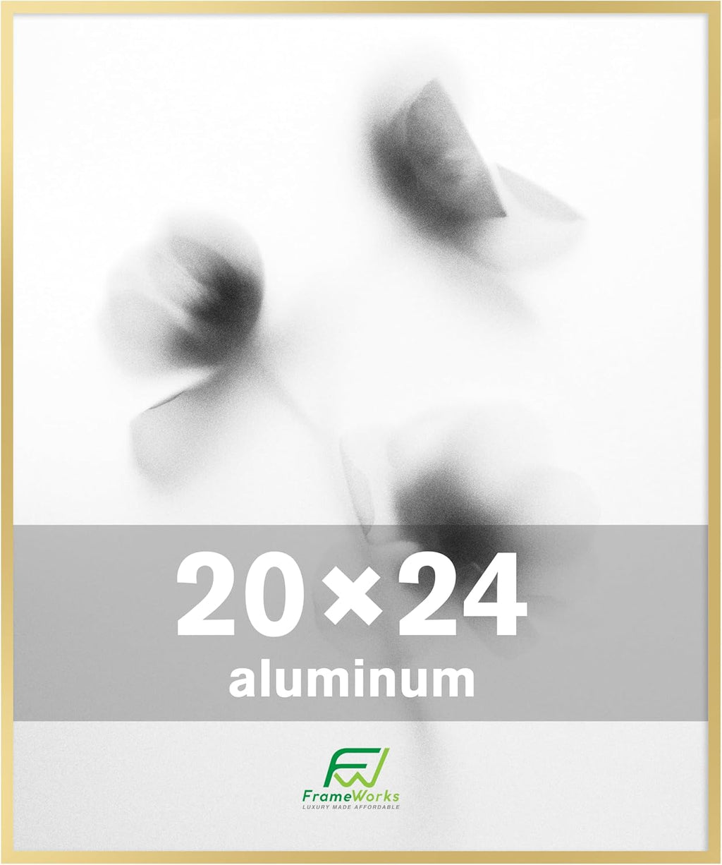 FrameWorks 20x24 Brushed Aluminum Poster Frames – Modern Brushed Metal Design w/Shatterproof Plexiglass, Perfect for Posters, Artwork, Paintings, Wall Displays – Home or Office Decor, Gold - 1 Pack