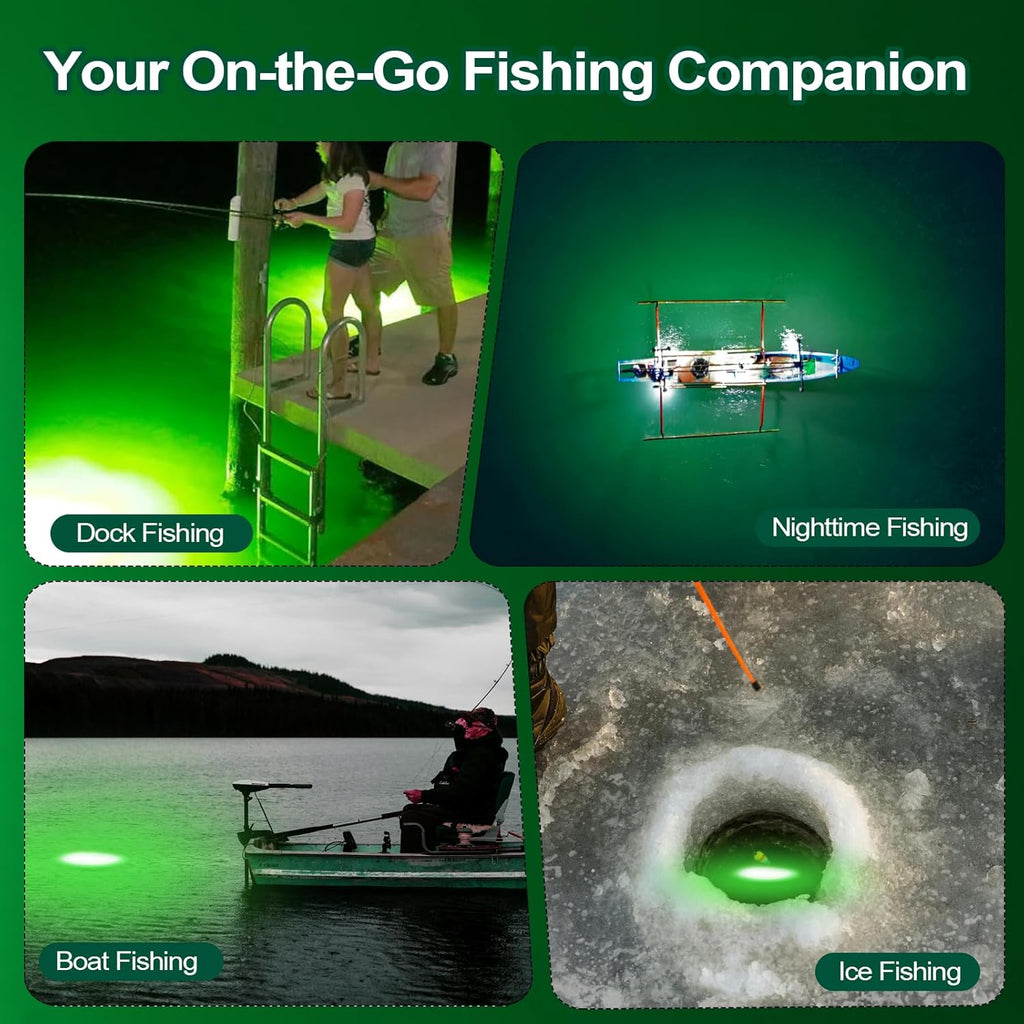 LED Underwater Fishing Light, DGLUYUDV 150W 110V & 12V 20000LM Waterproof LED Green Submersible Light Attractants for Docks and Boats, Snook, Bass, Crappie, Striper, Bait, Catfish and More