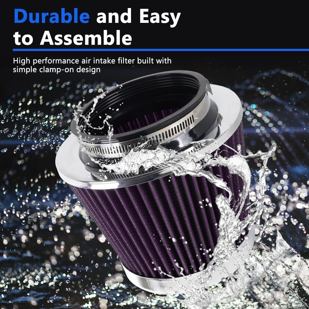 4-Inch Cold Air Intake Filter - Washable, High Performance, 3" or 3-1/2" or 4" Clamp-On Replacement Air Filter Purple