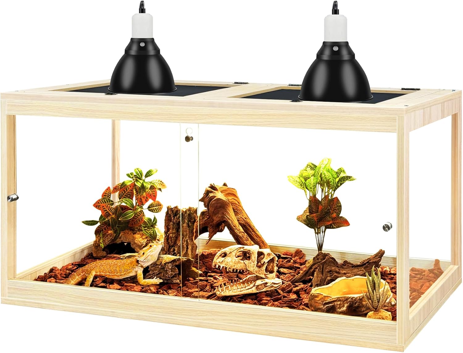 Prolee Tempered Glass Bearded Dragon Tank,Reptile Encloure and Snake Tank with Metal Mesh Roof Door,Locking Design Reptile Tank for Lizard,Gecko,Chameleon (Oak, 32 Gallon (32x16x16 Inch))