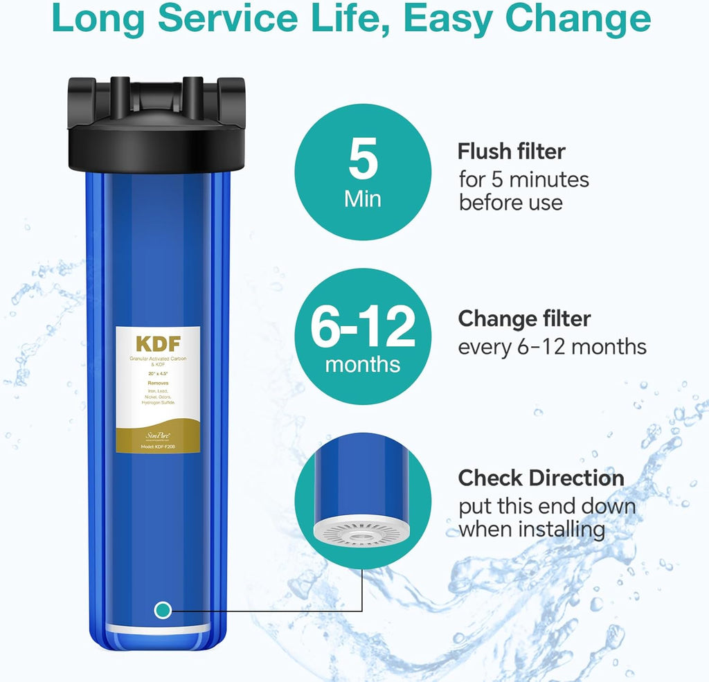 SimPure Whole House Water Filter Cartridges 20" x 4.5" GAC/KDF Carbon and Heavy Metal Filter, For DB20P, WHB20, FG25B-KS, WGB32B-KS, ‎FLTWH2045K, 2 Pack