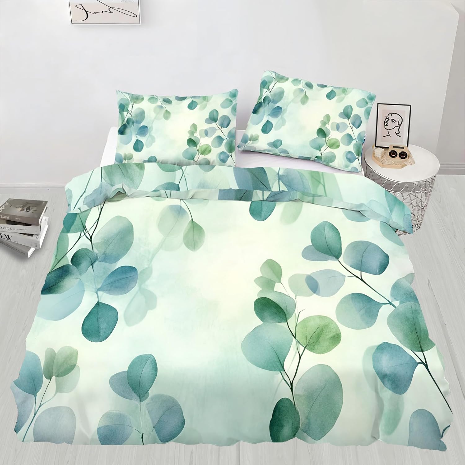 Eucalyptus Leaf Duvet Cover King Size, Teal Gradient Leaf Bedding Set 3 Piece Bedroom Decor Green Watercolor Comforter Cover with Zipper Ties & 2 Pillowcases
