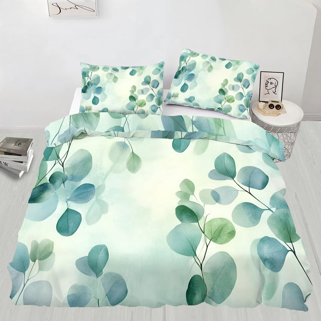 Eucalyptus Leaf Duvet Cover Full Size, Teal Gradient Leaf Bedding Set 3 Piece Bedroom Decor Green Watercolor Comforter Cover with Zipper Ties & 2 Pillowcases