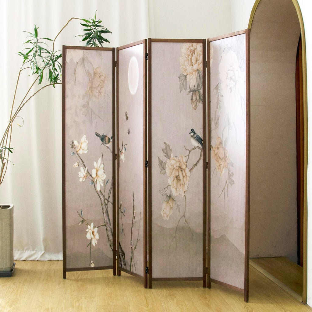 4 Panel Room Divider Folding Privacy Screen,5.6 FT Tall Double Faced Panel Screen,Blackout Panel Divider for Room Seperation,Flower and Bird