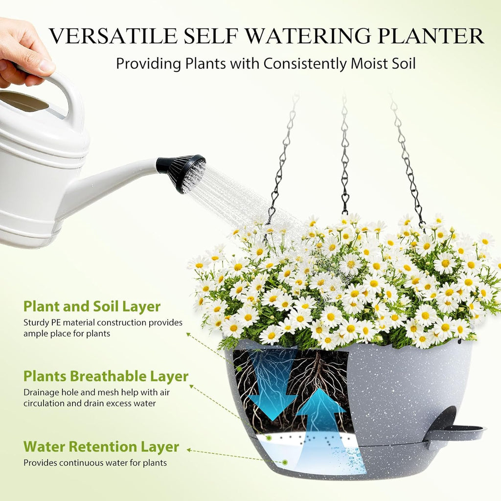 12 Inch Hanging Baskets 2 PC with Chains, Self-Watering Hanging Planters for Indoor Outdoor Plants, Plastic Hanging Flower Pots,Speckled Grey