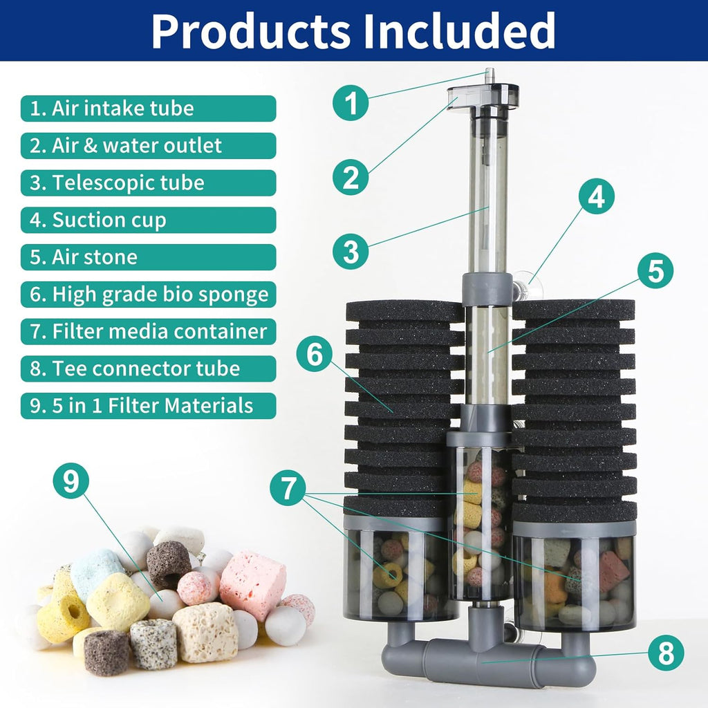 Dual Sponge Aquarium Filter, Air-Powered, 10–40 Gal – Ultra-Quiet Bio-Sponge Filtration | Freshwater & Saltwater | Easy Setup
