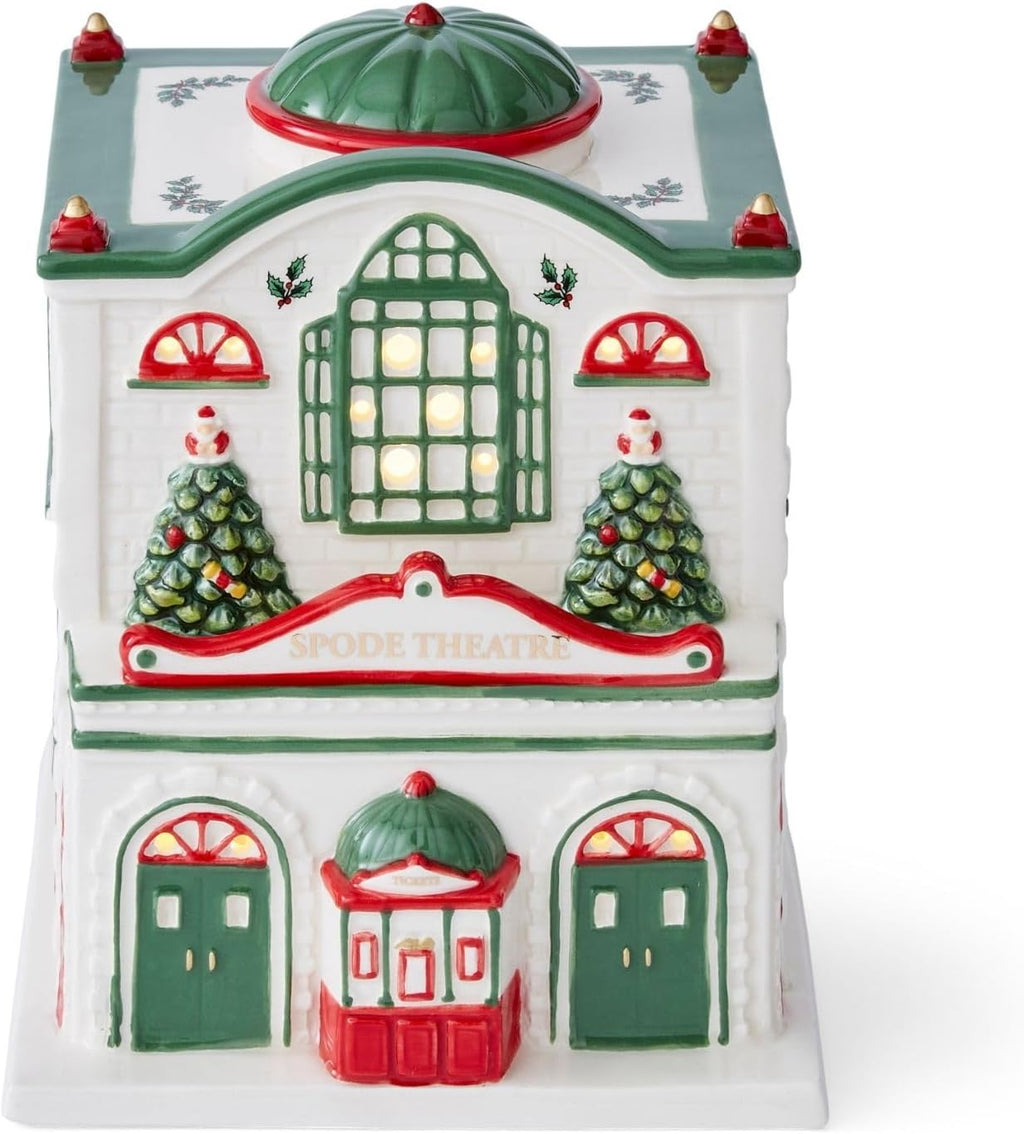 Spode Christmas Tree Miniature Village Figural Decoration, LED Lighted Christmas Village Set, Ceramic Holiday Decor - Dolomite Collectible for Indoor Display (Theatre)